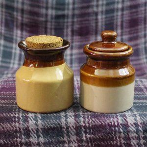 Vintage Brown Stripe Ceramic Mustard Condiment Crocks